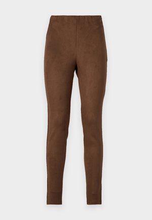 Barna, puha, suede-szerű anyagból készült leggings; illeszkedő fazon, sima textúra és elasztikus derékpánt a kényelem érdekében.