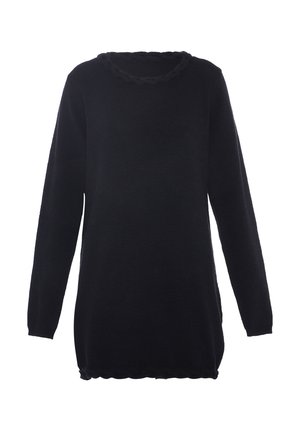 Sort langærmet strikket sweater med rund hals og diskrete bølgede kanter ved kant og manchetter.
