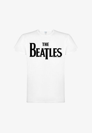 Weißes Baumwoll-T-Shirt mit auffälligem schwarzem Text, der "THE BEATLES" über die Brust druckt, und einem klassischen Grafikdesign.