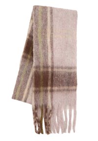 Écharpe en laine à carreaux dans des tons de rose, marron et vert, avec des extrémités à franges et une finition douce et texturée.