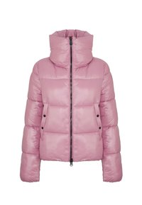 Giacca a vento rosa con colletto alto, zip frontale e due tasche laterali. Il tessuto ha una finitura liscia e lucida e una texture trapuntata.
