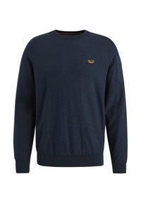 Marineblauwe trui van zacht breigoed, met een ronde halslijn, geribde manchetten en zoom, en een klein borstlogo patch.