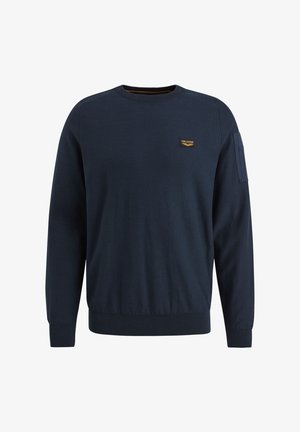 Sininen meripaidasta, joka on valmistettu pehmeästä neuloksesta, jossa on pyöreä pääntie, resorit hihansuissa ja helmassa sekä pieni logo-brodi.