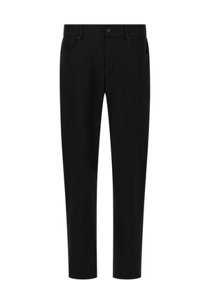 Pantalones negros con un diseño de pierna recta, que cuentan con dos bolsillos delanteros, un cierre de botón y una textura de tejido suave.