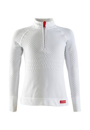 Pullover bianco a maniche lunghe con zip 1/4 e colletto alto. Presenta motivi a maglia texturizzati e un accento rosso sulla zip. Tessuto liscio e morbido.