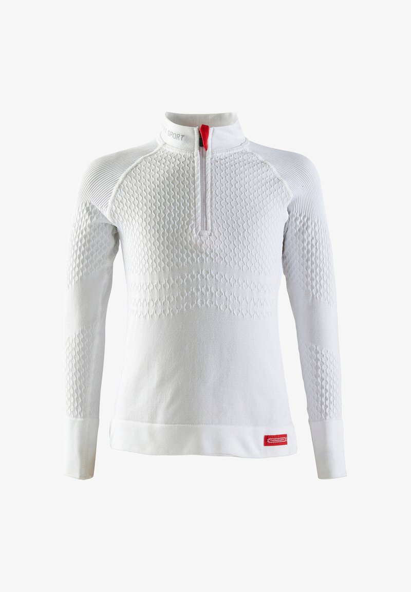 Pull-over blanc à manches longues avec fermeture éclair 1/4 et col haut. Présente des motifs de tricot texturés et un accent rouge au niveau de la fermeture. Tissu lisse et doux.