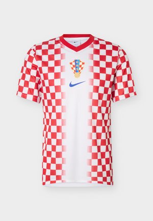 Croatian soccer jersey with red and white checkerboard sleeves, white center panel, Croatian Football Federation crest, and blue Nike logo.