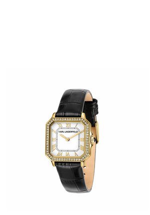 Orologio quadrato in tonalità oro con ghiera di cristallo, quadrante bianco, numeri romani dorati e cinturino in pelle nera, marchio KARL LAGERFELD.