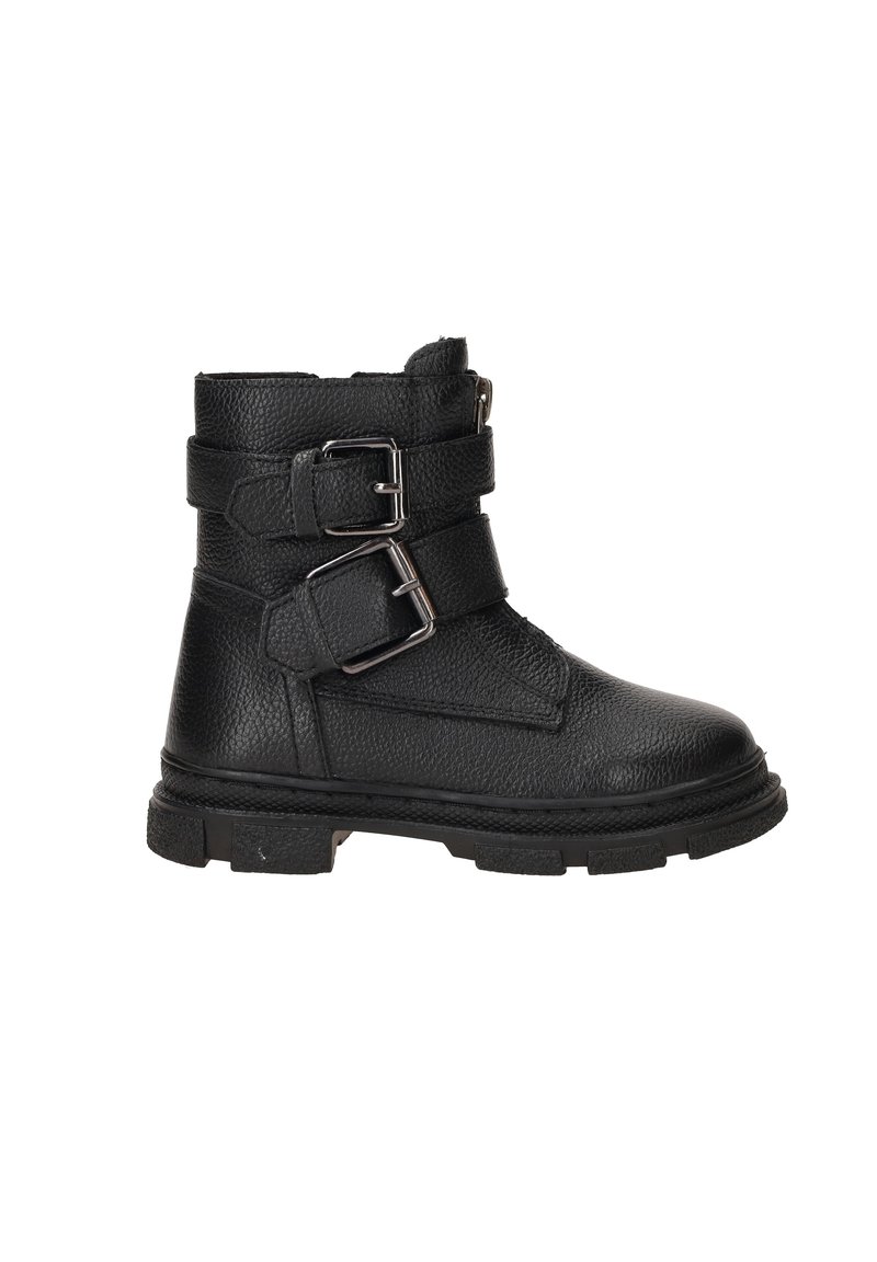 Zwarte lederen enkellaars met twee verstelbare gespen, een gestructureerd oppervlak en een rubberen zool met profiel. Heeft een ronde neus en een enkellengte ontwerp.