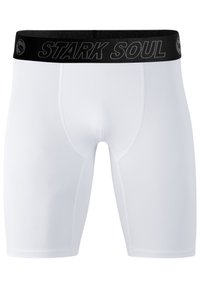Pantaloni sportivi bianchi con una fascia elastica nera etichettata "STARK SOUL." Presentano una texture di tessuto liscia e un design aderente.