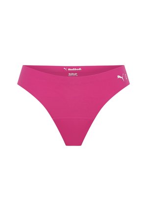 String rose sans couture avec une large ceinture, fabriqué à partir d'un matériau extensible. Présente un petit logo sur le côté et une texture lisse.