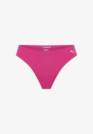 String rose sans couture avec une large ceinture, fabriqué à partir d'un matériau extensible. Présente un petit logo sur le côté et une texture lisse.