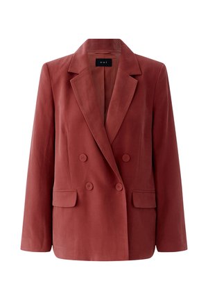 Bakstenenrode dubbelgeknoopte blazer met opstaand revers, twee klepzakken aan de voorkant en lange mouwen.