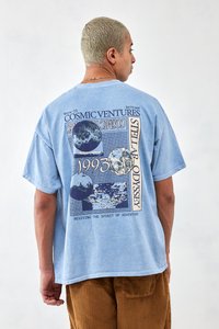Light blue cotton t-shirt with a graphic design featuring planets and text. Casual fit, short sleeves, and a soft texture. Vintage style.