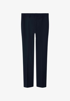 Pantaloni blu navy con una vestibilità dritta, realizzati in un tessuto liscio. Presentano due tasche laterali e una parte anteriore piatta senza motivi visibili.