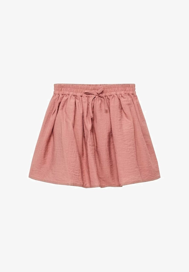 Jupe rose froncée avec taille élastique et cordon, en tissu léger texturé.