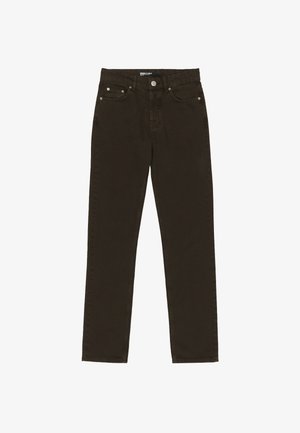 Pantaloni dritti marrone scuro realizzati in denim di cotone. Presentano cinque tasche, una chiusura frontale con bottone e cuciture sottili lungo le cuciture.