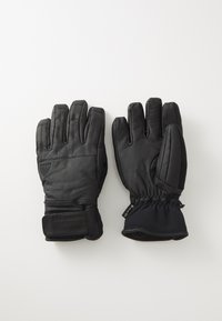 Guanti in pelle nera con una texture trapuntata, cinque dita, polsini integrati e una fascia in velcro per una vestibilità sicura.