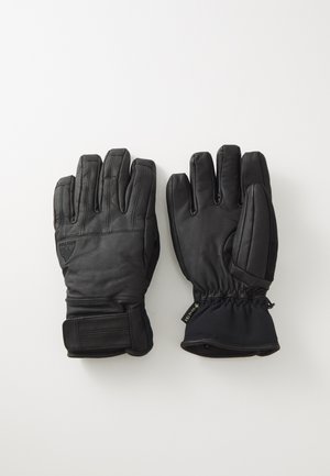 Gants en cuir noir avec une texture matelassée, cinq doigts, poignets intégrés et une sangle Velcro pour un ajustement sécurisé.