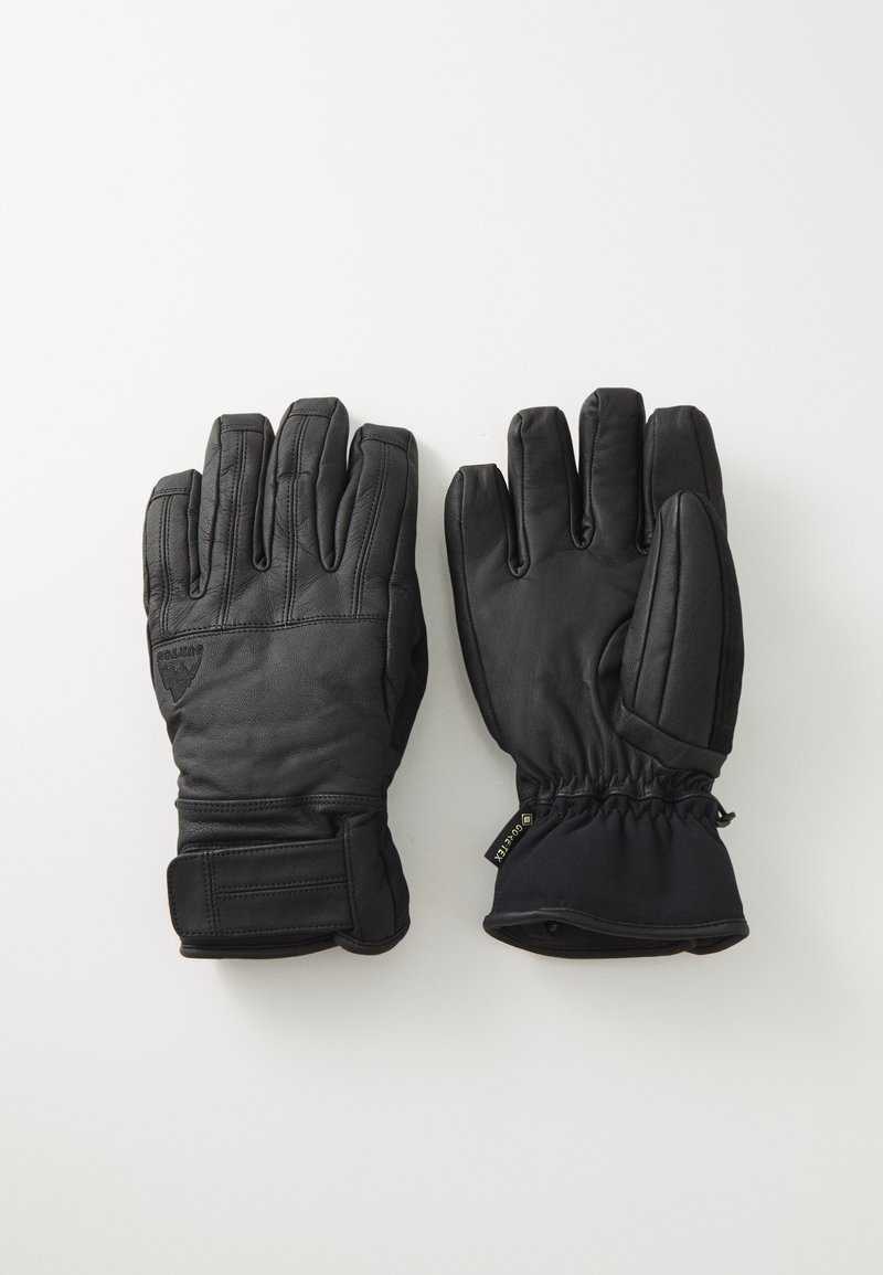 Guanti in pelle nera con una texture trapuntata, cinque dita, polsini integrati e una fascia in velcro per una vestibilità sicura.