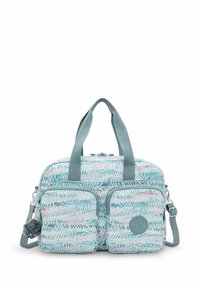 Lichtblauwe tas met een palmypatroon, voorzien van twee voorzakken, dubbele handvatten en een verstelbare schouderband. Zachte textuur.