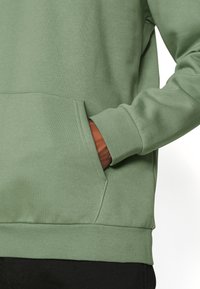 Green hoodie made of soft fabric, featuring a kangaroo pocket, ribbed cuffs, and waistband. Smooth texture with no visible patterns.