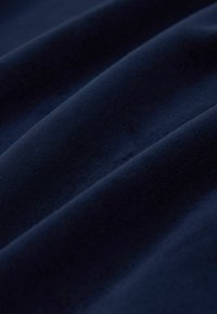 Tessuto in velluto blu scuro con una texture morbida e liscia e pieghe delicate che creano un aspetto ricco e vellutato.