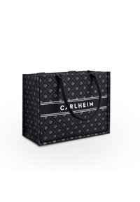 Black tote bag made of durable fabric with a diamond pattern. Features double black handles and a white band with "CARLHEIM" text.