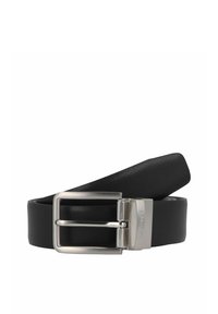 Cinturón de cuero negro con una hebilla de metal rectangular plateada, que presenta una textura suave y un diseño sencillo. El cinturón se estrecha ligeramente en el extremo.