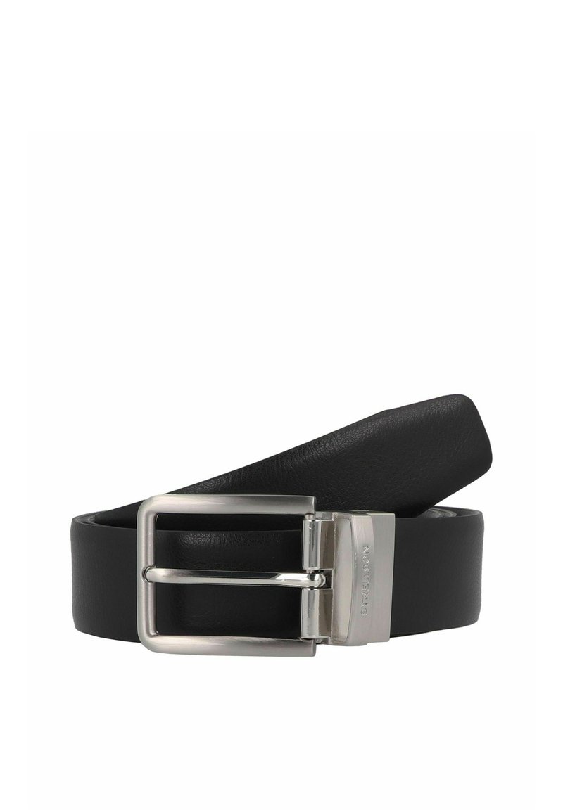 Cinturón de cuero negro con una hebilla de metal rectangular plateada, que presenta una textura suave y un diseño sencillo. El cinturón se estrecha ligeramente en el extremo.