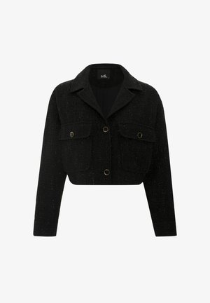 Kurz geschnittene schwarze Jacke aus strukturiertem Stoff mit einem einfachen Kragen, ausgestattet mit zwei vorderen Taschen und goldfarbigen Hardware-Details.