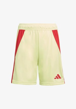 Shorts de sport vert lime avec panneaux latéraux rouges, taille élastique et logo Adidas blanc en bas à droite. Texture lisse, matériau léger.