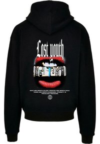 Black hoodie featuring a graphic print of red lips with a rolled-up dollar bill. Text reads "Lost youth" and quotes about time's value.