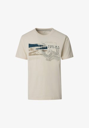 Beige short-sleeve t-shirt with a blue and tan abstract topographic map design and printed coordinates on the chest.