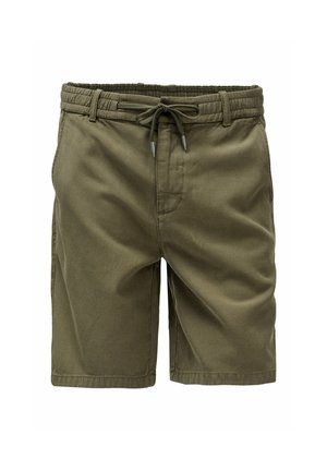 Pantaloncini casual da uomo di colore verde oliva con fascia elastica in vita, coulisse regolabile, passanti per cintura e tasche laterali.