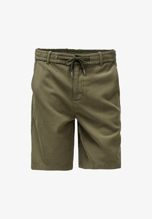 Pantaloncini casual da uomo di colore verde oliva con fascia elastica in vita, coulisse regolabile, passanti per cintura e tasche laterali.