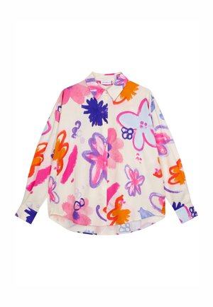 Langärmliges Hemd aus leichtem Stoff, das eine Mischung aus floralen Mustern in Pink, Lila, Blau und Orange auf einem cremefarbenen Hintergrund zeigt.