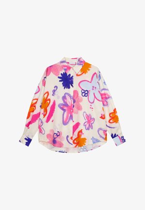 Majica z dolgimi rokavi iz lahkega blaga, ki se ponaša z mešanico cvetličnih vzorcev v rožnati, vijolični, modri in oranžni barvi na kremnem ozadju.