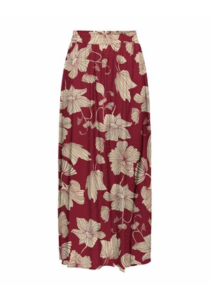 Maroon skirt featuring a floral pattern in cream, made of lightweight fabric, with an elastic waistband and flowy, full-length design.