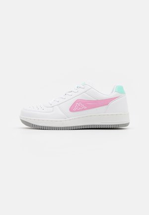 White sneaker with pink and mint accents. Smooth leather upper, perforated toe for ventilation, thick rubber sole with a textured pattern.