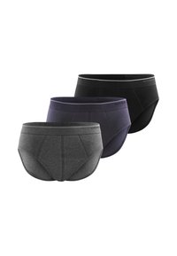 Drie paar herenonderbroeken in verschillende tinten: zwart, donkergrijs en donkerblauw, met een flexibele tailleband en een gladde stoftextuur.