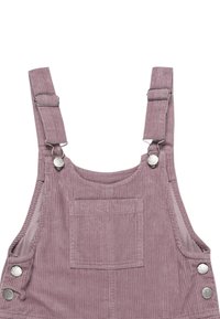 Salopette in corduroy di un morbido colore mauve, con spalline regolabili, bottoni laterali e una tasca frontale. Tessuto testurizzato con motivo a coste.