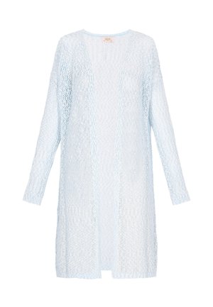 Cardigan tricotat ușor, de culoare albastru deschis, cu un front deschis, mâneci lungi și un model texturat pe întreaga suprafață. Fără închideri sau embellishments.