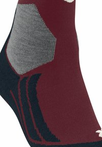 Bordeaux- und graue Socke mit einem strukturierten Muster, navyfarbigen Akzenten und einem geometrischen Design. Weiches Strickmaterial für Komfort.