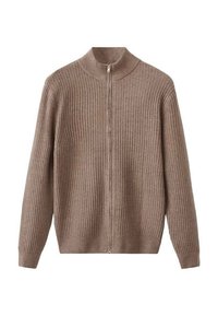 Maglione zip-up a coste marrone con maniche lunghe e colletto alto, steso su uno sfondo bianco.