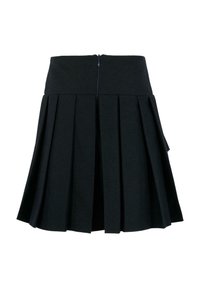 Gonna nera plissettata con vita aderente e cerniera posteriore. Il materiale appare liscio con un design strutturato.