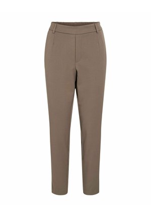 Slim-fit bruine broek met een elastische tailleband, riemlussen en een voorkant met rits, weergegeven op een witte achtergrond.