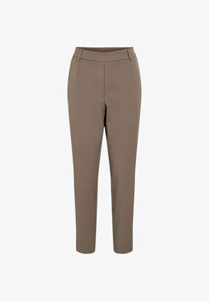 Mršave smeđe hlače s elastičnim strukom, petljama za remen i prednjim zatvaračem, prikazane na bijeloj pozadini.