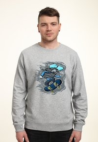 Grå sweatshirt med en tecknad skateboardåkare i blått och svart, med rund halsringning och ribbade muddar.