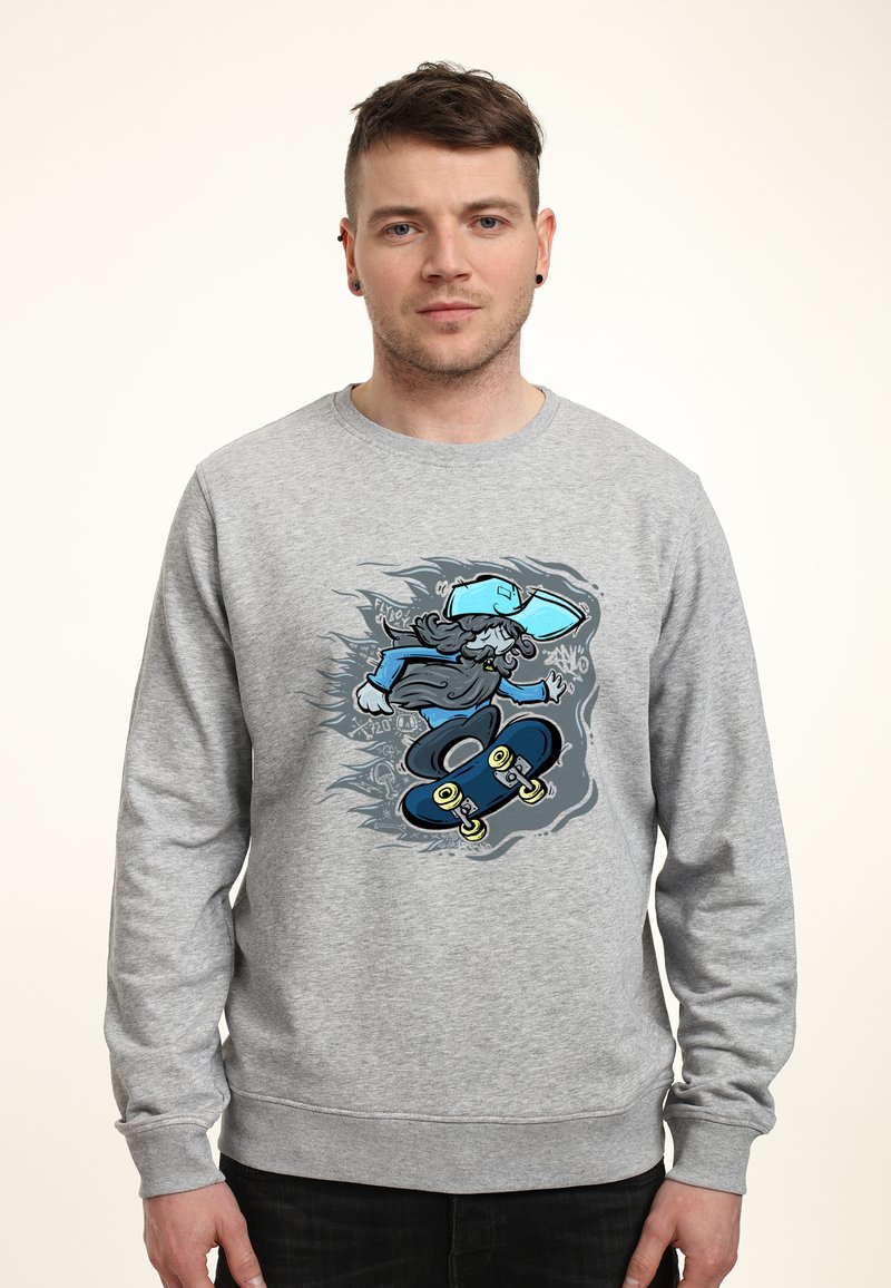 Grå sweatshirt med en tecknad skateboardåkare i blått och svart, med rund halsringning och ribbade muddar.